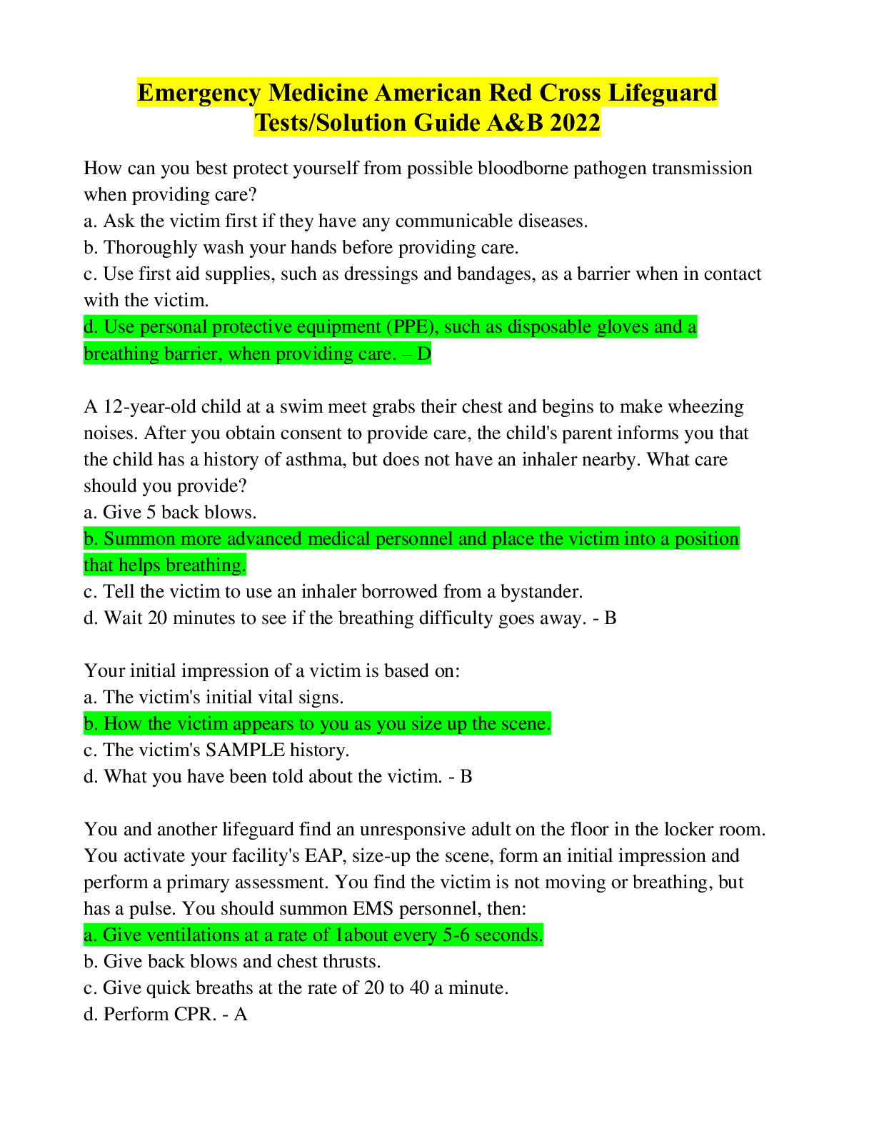 Preview of Emergency Medicine American Red Cross Lifeguard Tests/Solution Guide A&B 2022